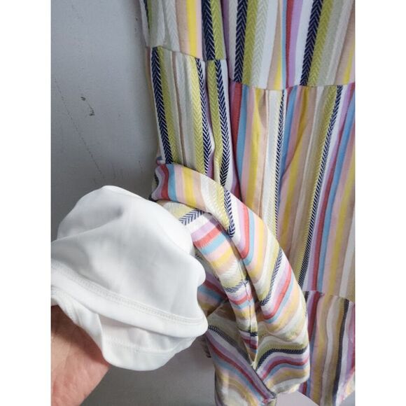 Julia Jordan Beige w/Blue Pink Yellow Strips Tiered Cotton Midi Dress size 16 - Picture 9 of 10